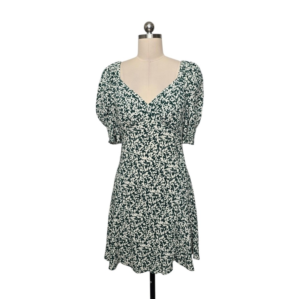 Madewell Green White Floral Petal V-Neck Smocked Puff Sleeve Mini Dress‎ Size 0